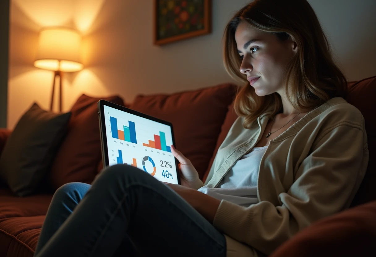 Woman sitting on a couch reviewing charts and statistics on a tablet with an interested expression