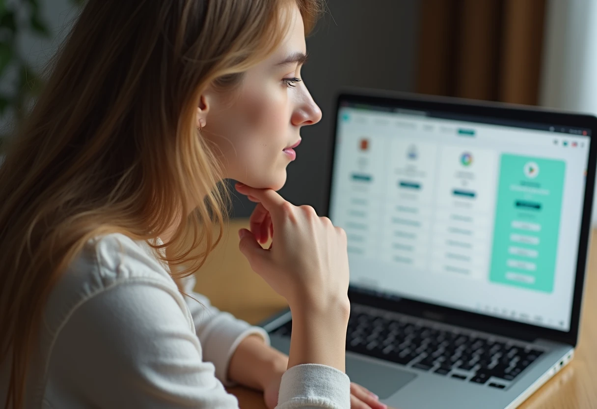 Woman at a desk comparing pricing plan cards on a laptop screen