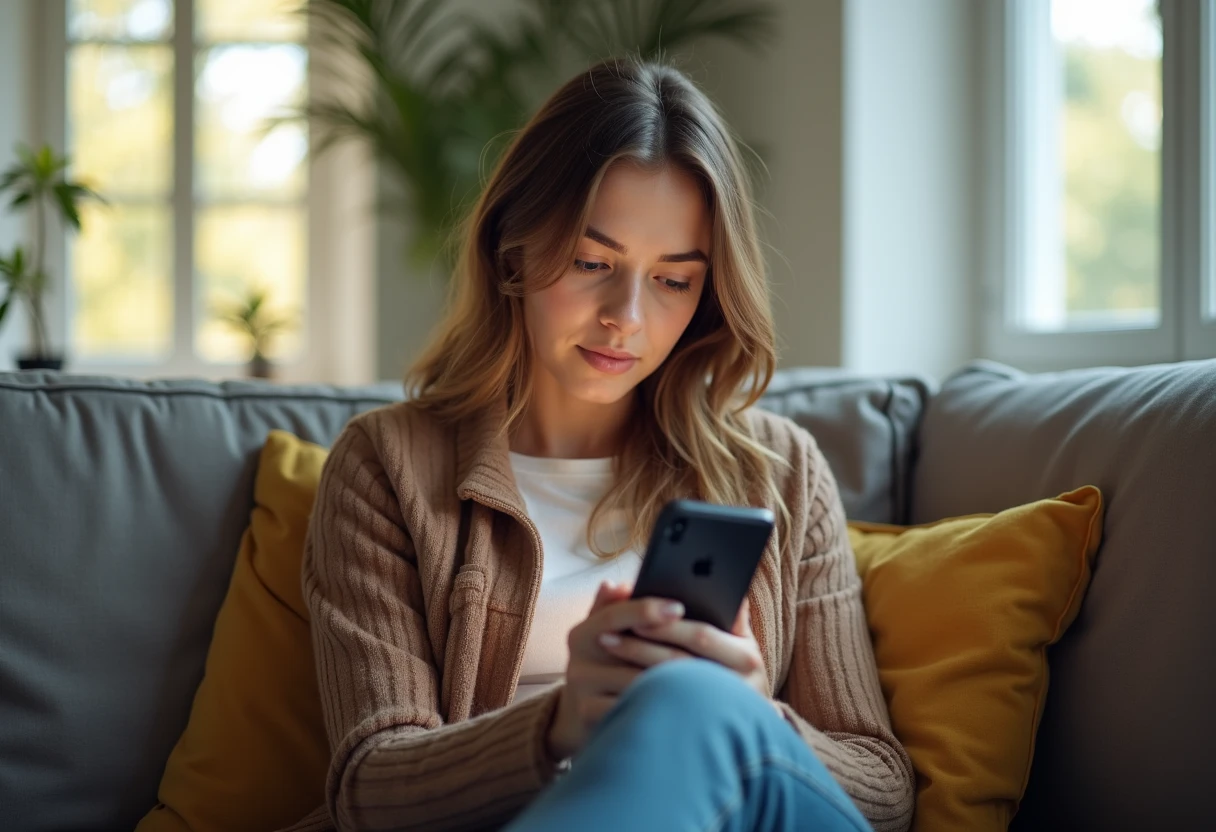 Woman sitting on a couch looking at her smartphone screen with a calm evaluating expression