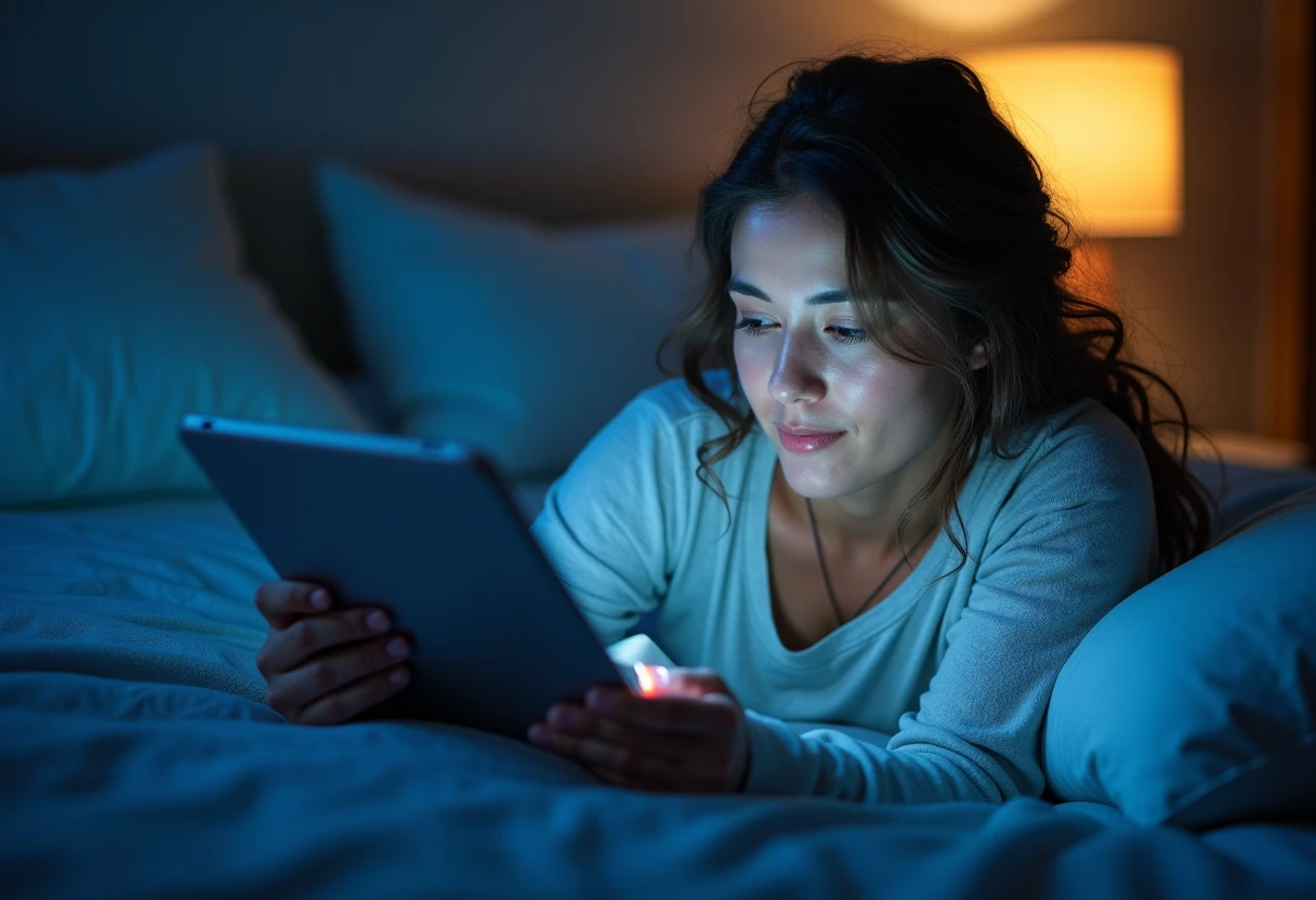 Woman lying on a bed watching a tablet propped against her knees
