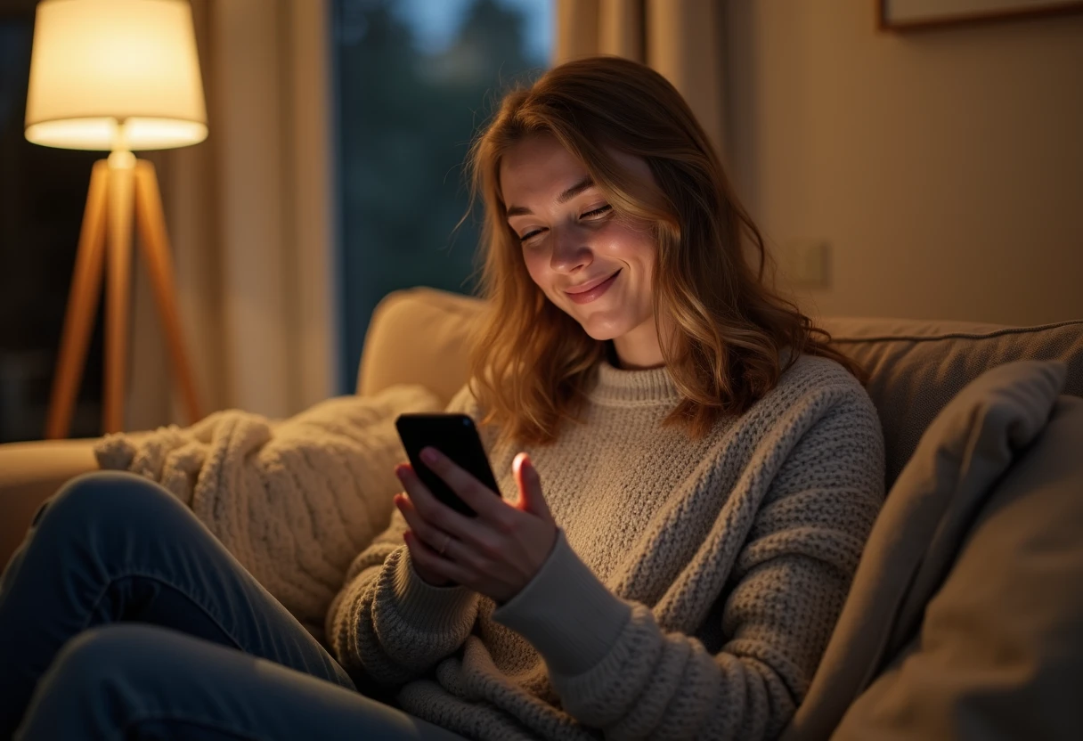 Woman sitting cross-legged on a couch engaged in a story on her phone