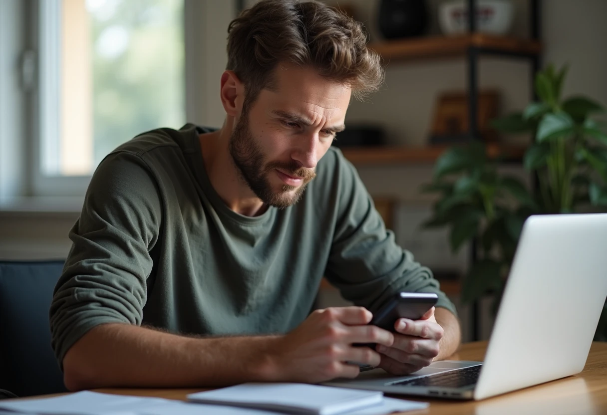 Man carefully reviewing his phone screen to save chat history before switching apps