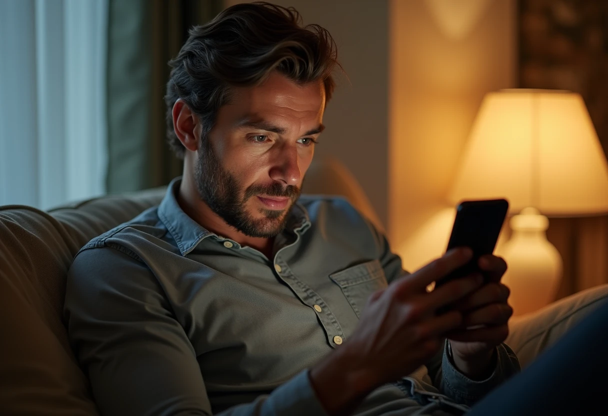 Man setting a time limit reminder on his smartphone in the evening
