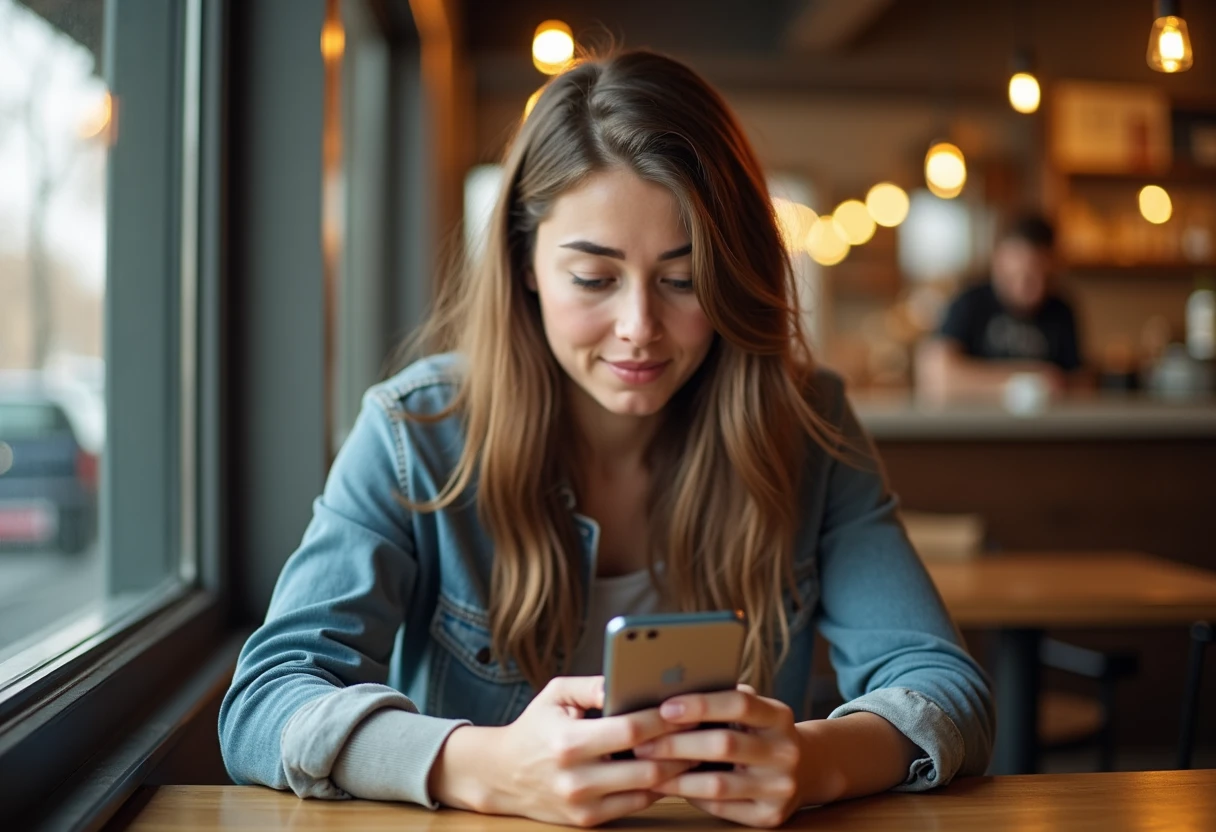 Woman at a cafe table closely comparing similar-looking app search results on her smartphone