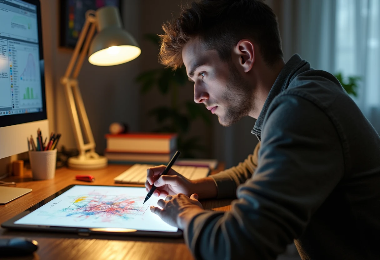 Man sketching an anime-style character design on a drawing tablet at a desk