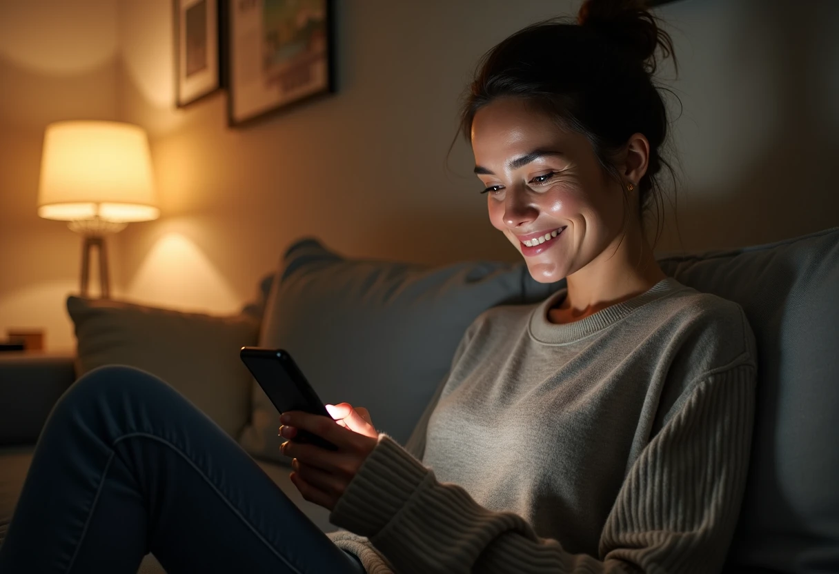Woman sitting alone on a couch in a softly lit apartment in the evening looking at her smartphone