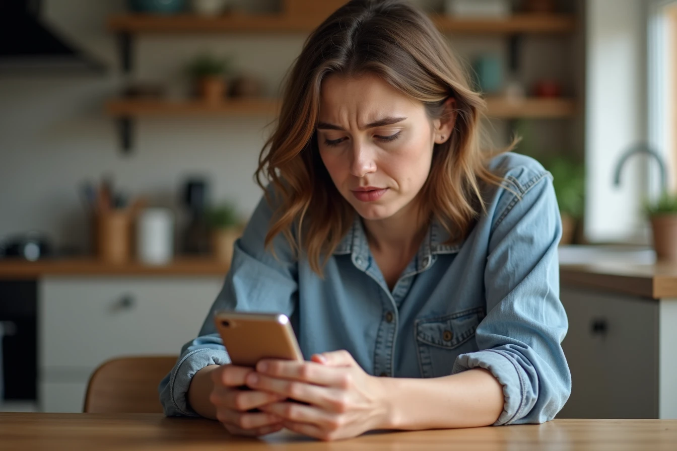 Person looking at a smartphone screen showing a payment warning alert with a concerned expression
