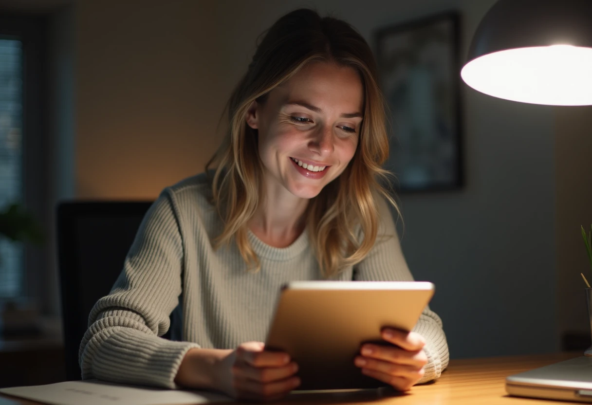 Woman at a desk testing content filter boundaries on a tablet