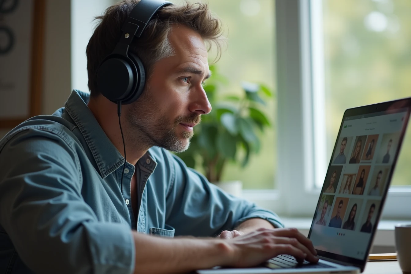Man at a home office desk on a video call while testing a real-time avatar feature