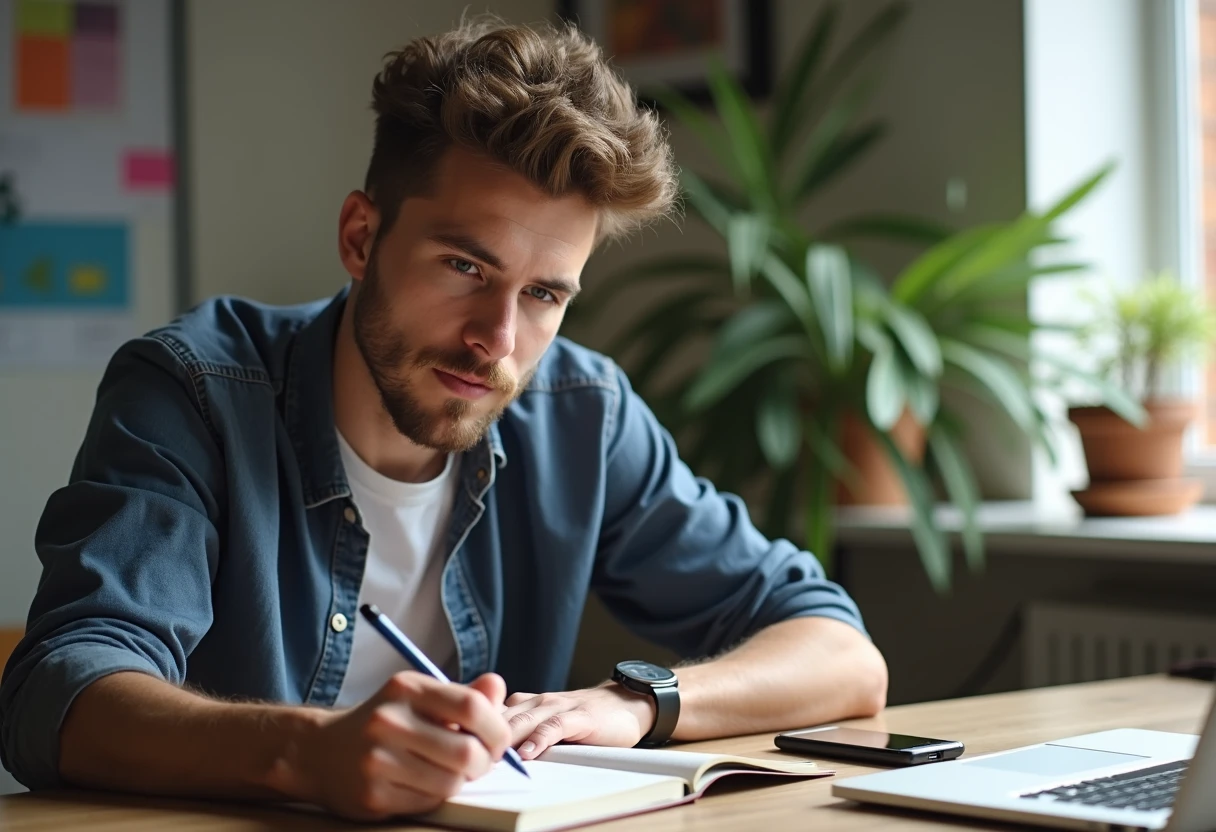 Person jotting notes in a notebook next to a phone while using a free AI companion app