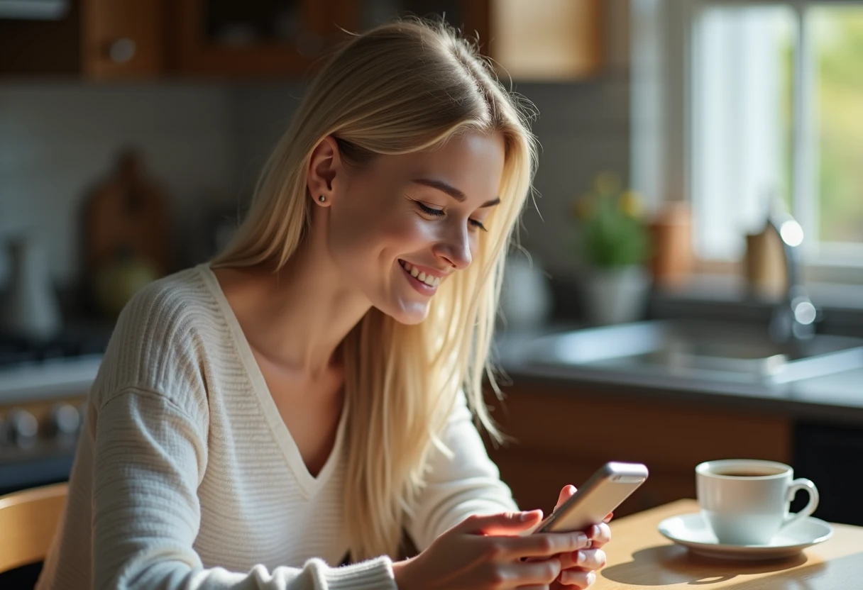 Woman smiling at her phone while trying an AI companion chat app for the first time