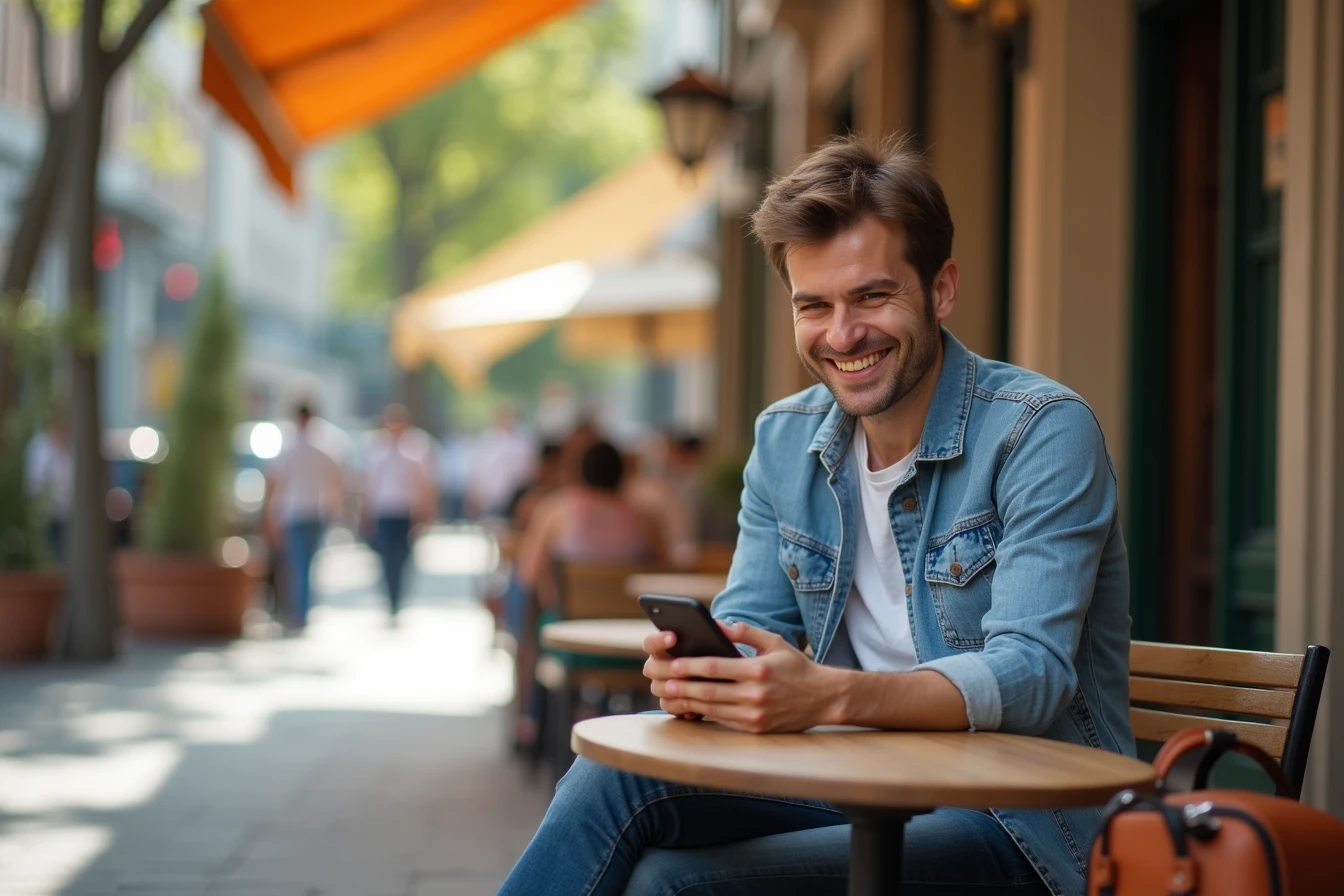 Person using a companion app on their phone at an outdoor cafe table while traveling