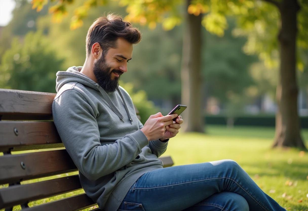 Person in their 30s sitting on a park bench during the day, calmly using an app on their phone