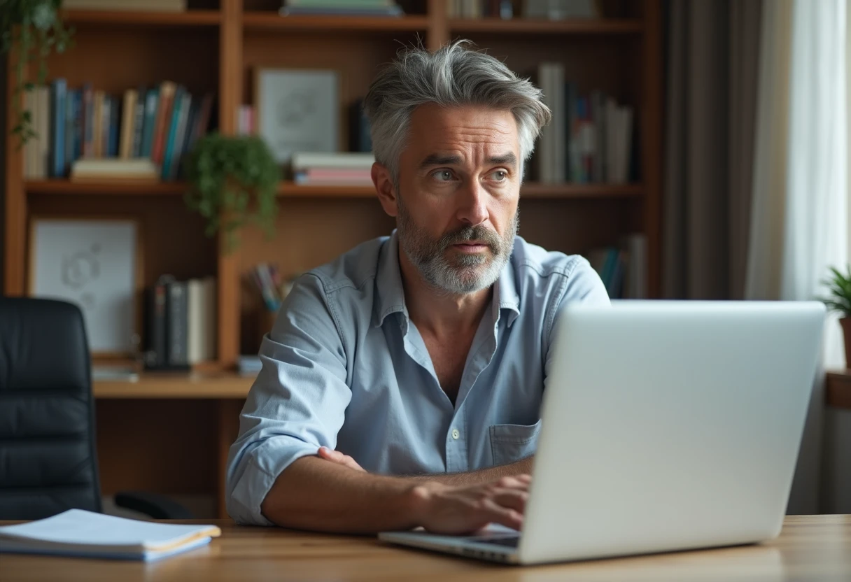 Person on a video call using a laptop, looking slightly puzzled at the screen