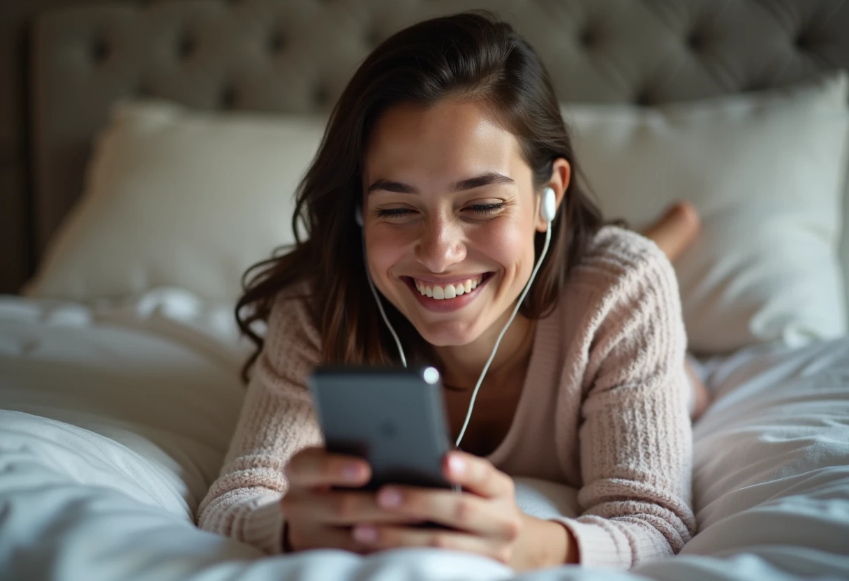 Woman lying on a bed wearing wireless earbuds while smiling at her phone