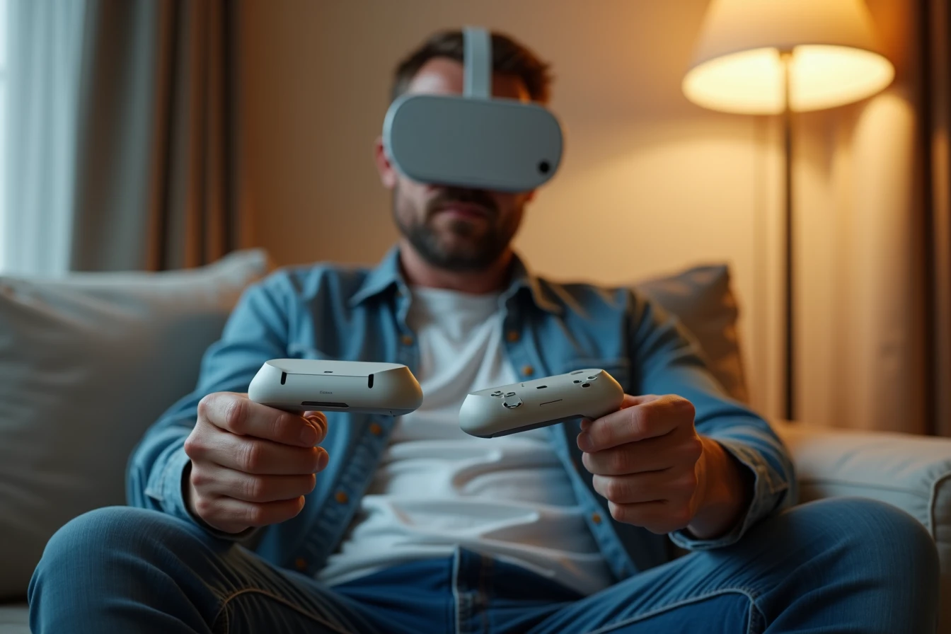 Man on a couch at home wearing a VR headset and holding controllers