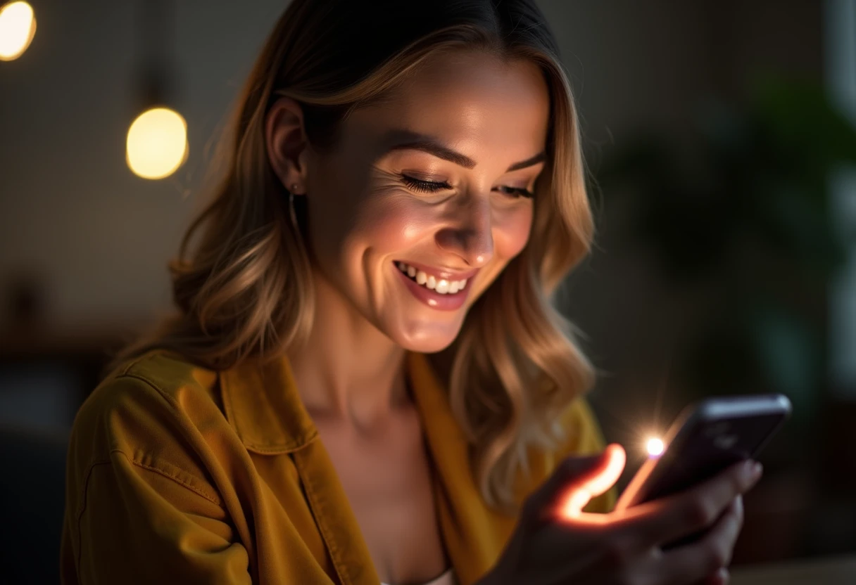 Close up of a woman's face lit by her smartphone screen with a warm genuine smile while reading a message