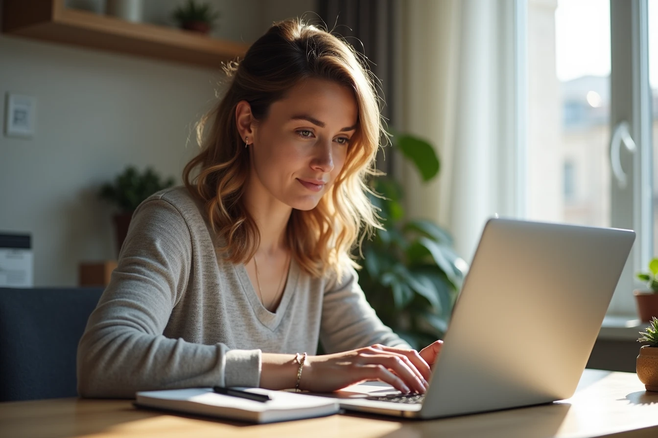 Woman writing character personality notes on a laptop at a home desk