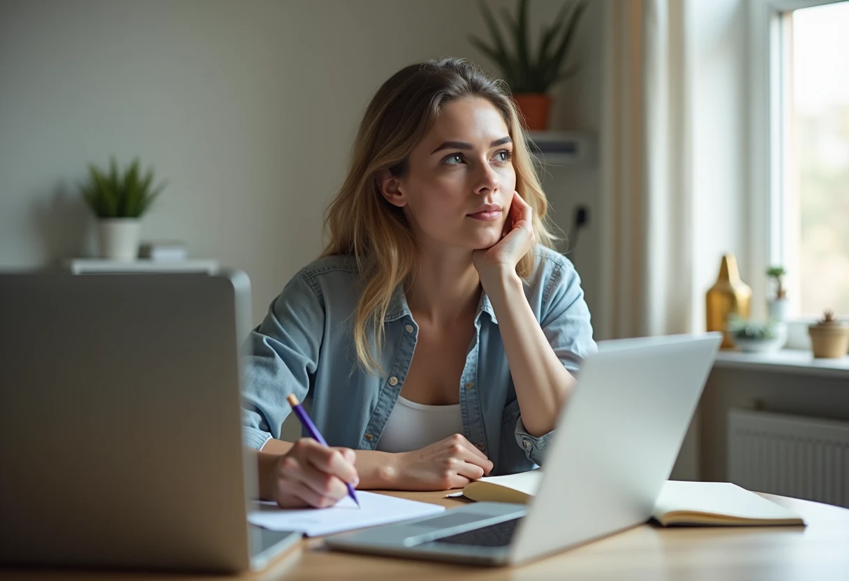 Woman at a home office desk writing notes in a notebook next to an open laptop