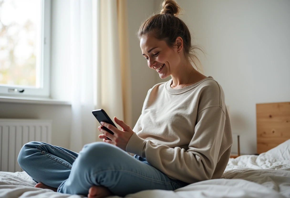 Young adult casually using a companion app on their phone at home